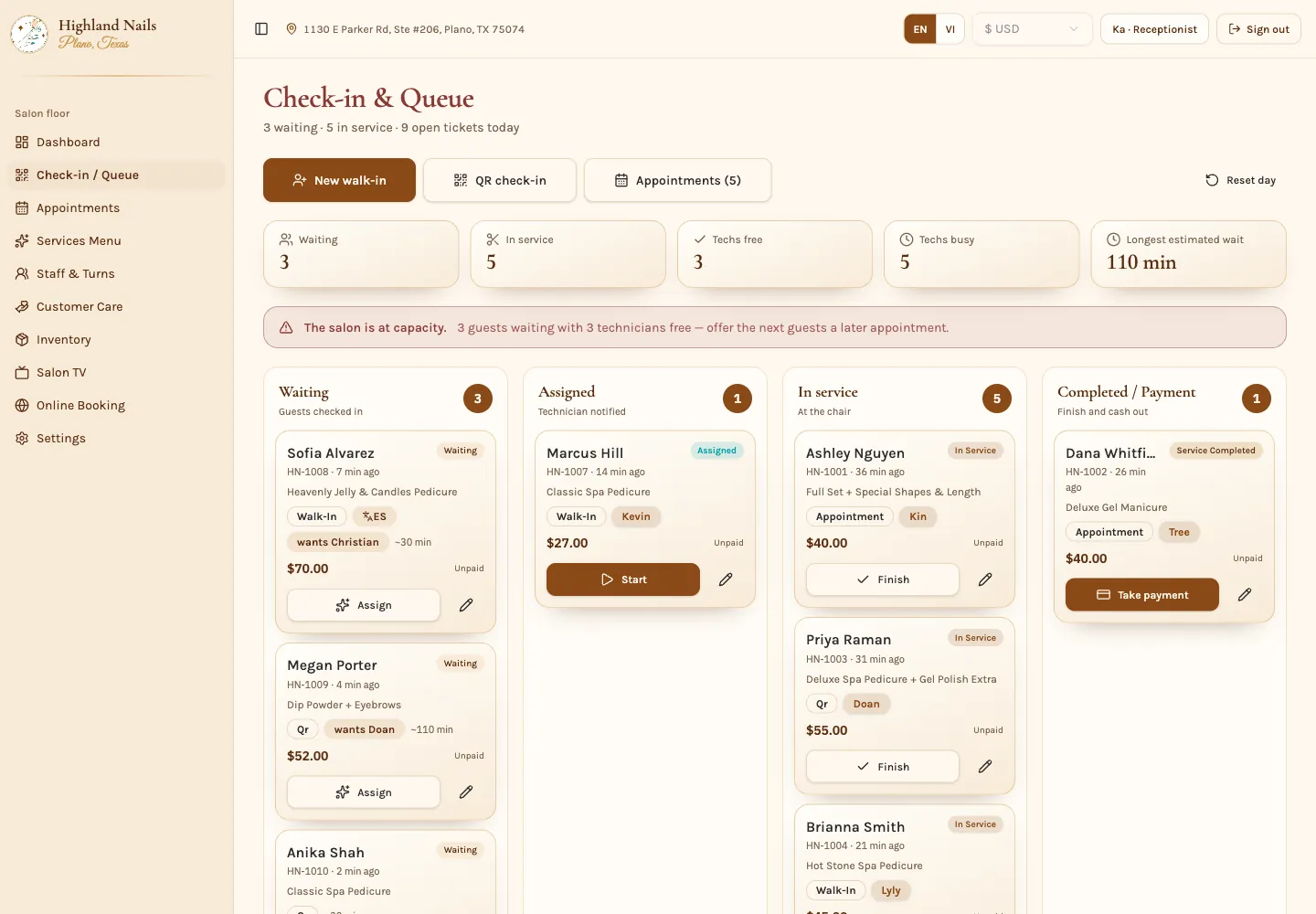 Status columns separate waiting, assigned, in service and done.