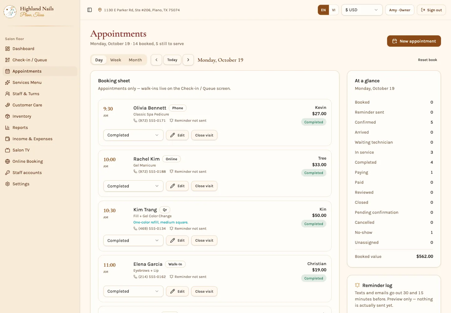 Date, service, technician and status in one view.