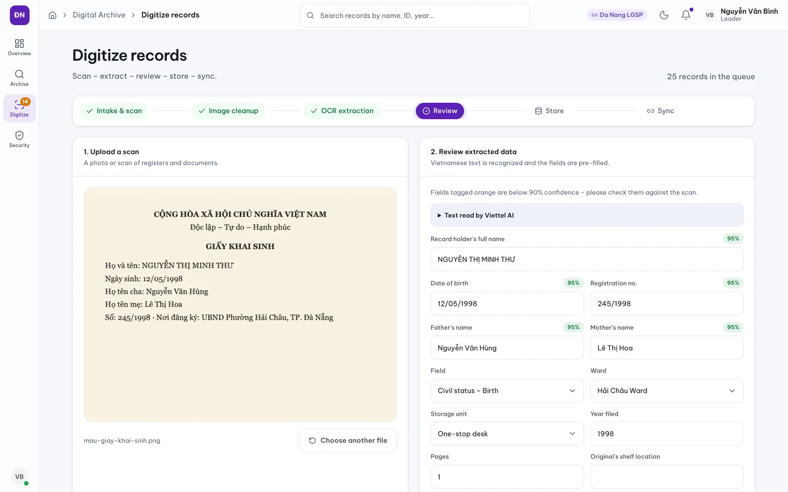 AI OCR pre-fills names, dates, parents and registration numbers.