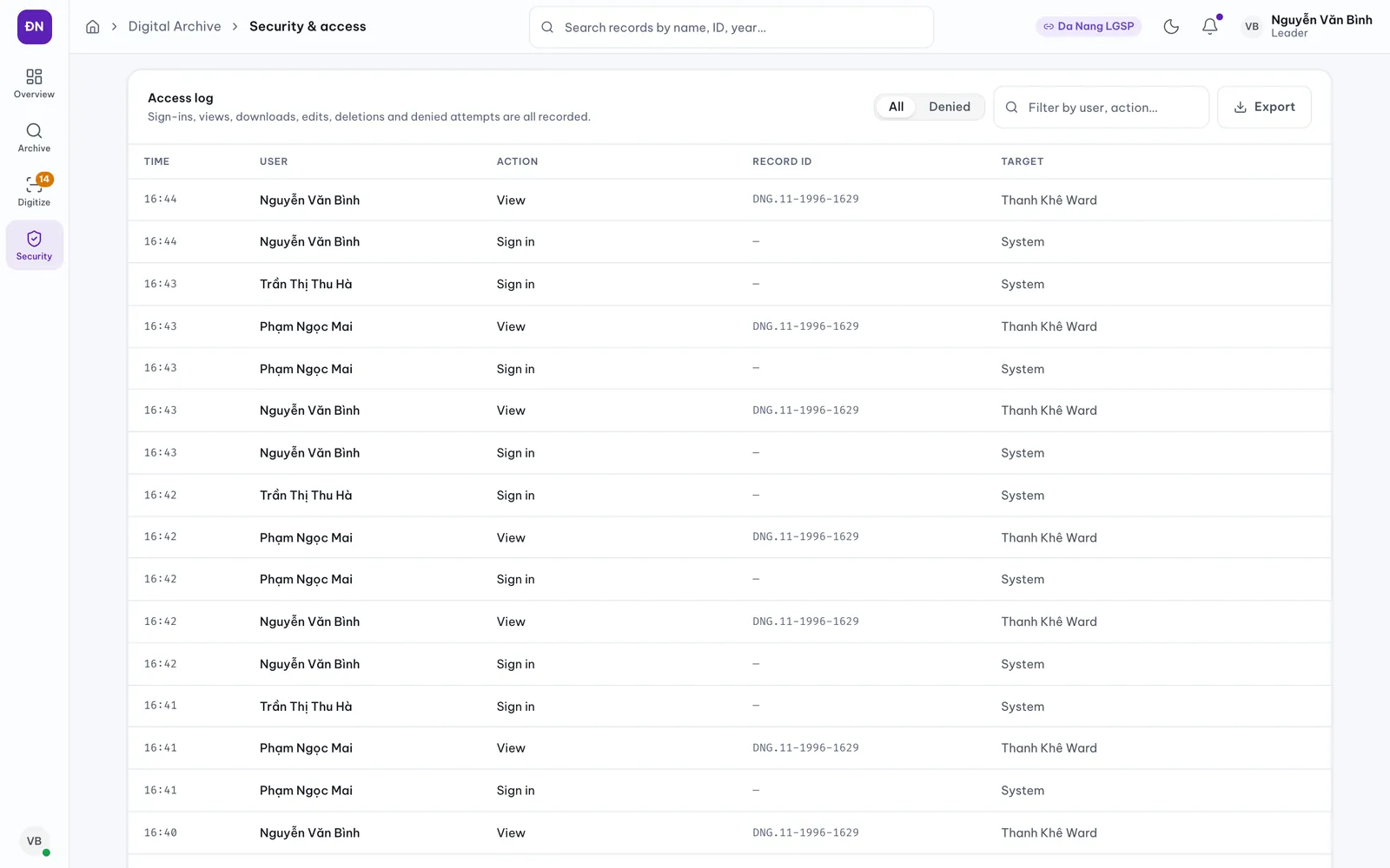 Access log with filters and export.