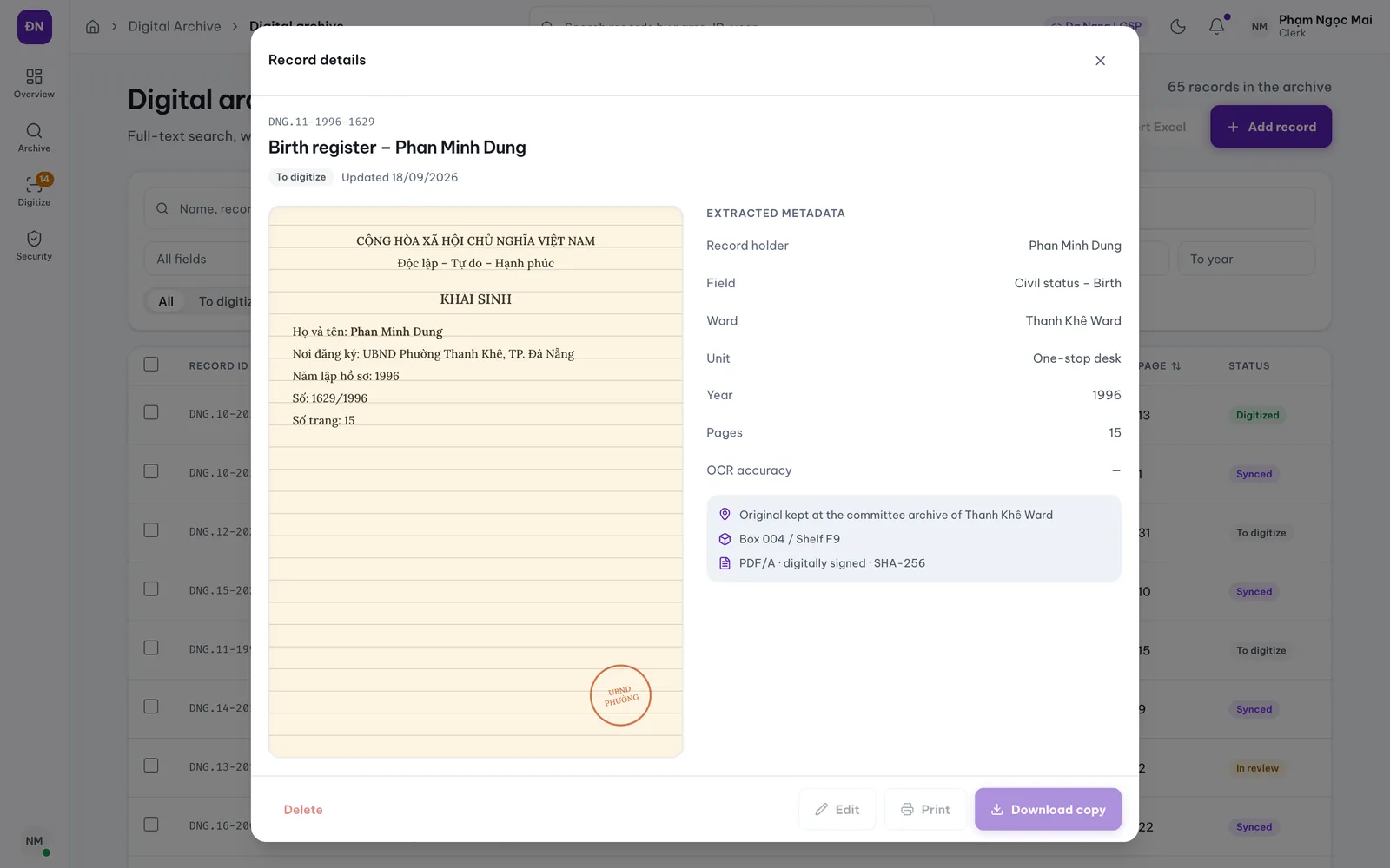 Digital Archive — Kho Lưu Trữ Số — clerk locked actions